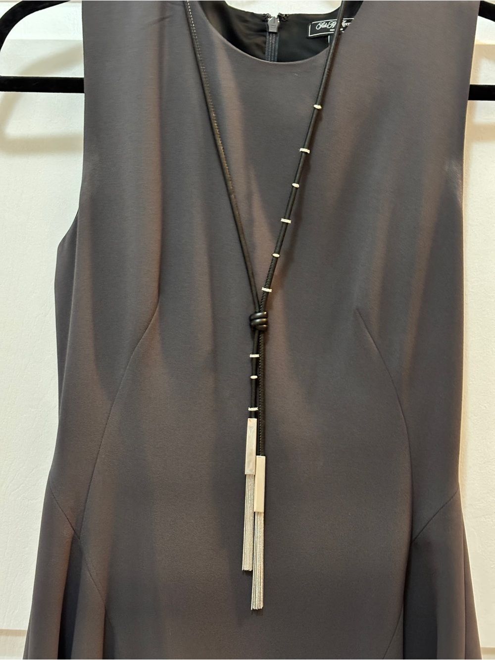 White House Black Market Long Black Leather Cord Tassel Necklace with Silver